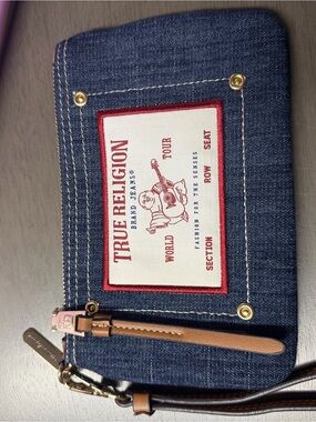 True Religion Denim Wristlet in Navy with Tan Strap